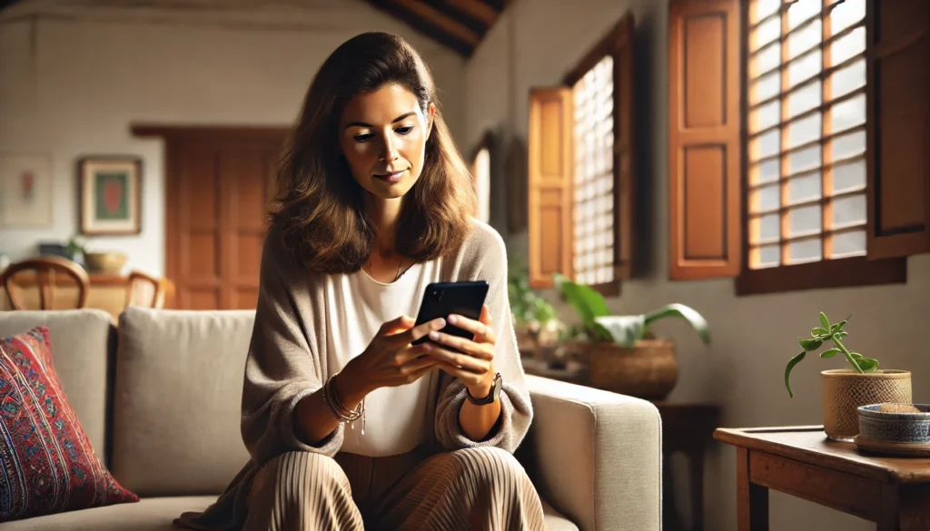 Woman using a FemTech apps on her smartphone to track her cycle while relaxing in a sunlit living room.