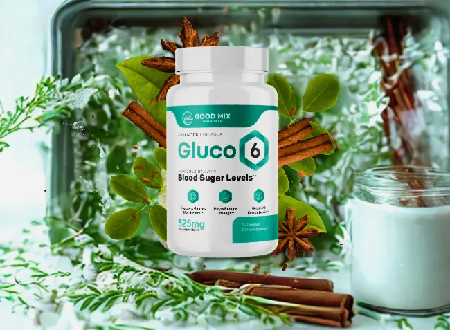 Gluco6 supplement bottle with natural herbs – blood sugar and metabolic support formula