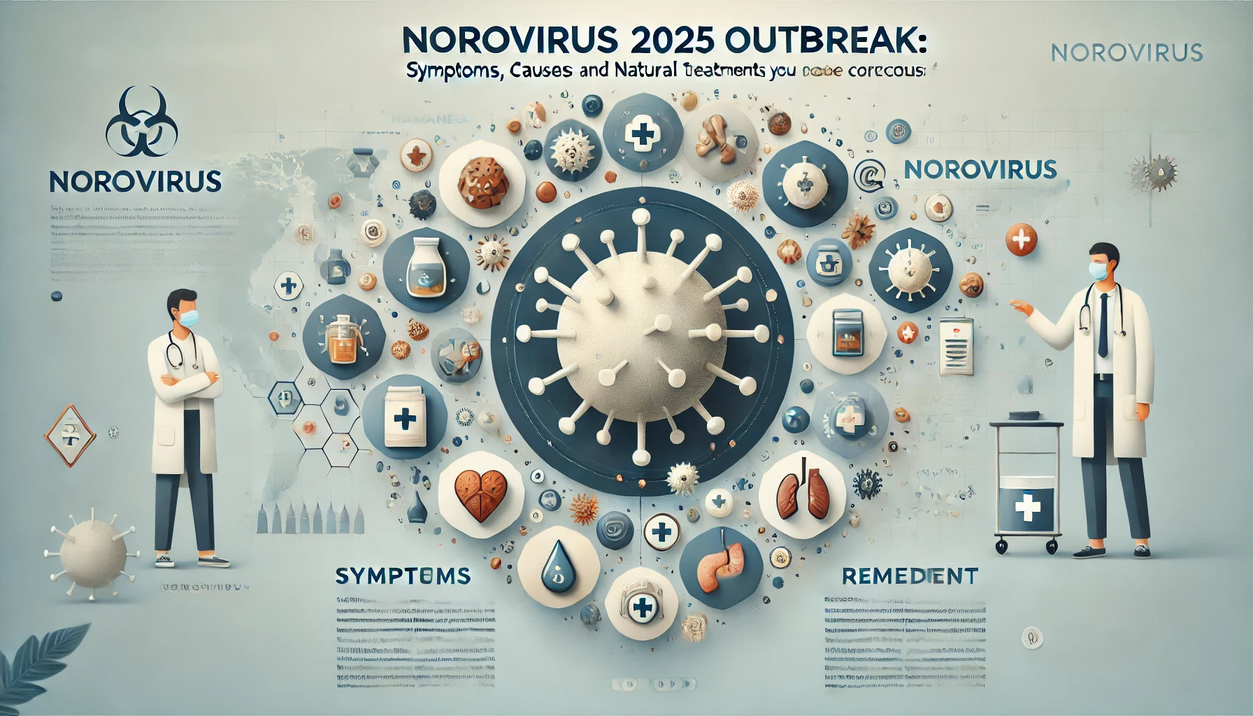 Norovirus 2025 outbreak infographic showing symptoms, causes, and natural remedies