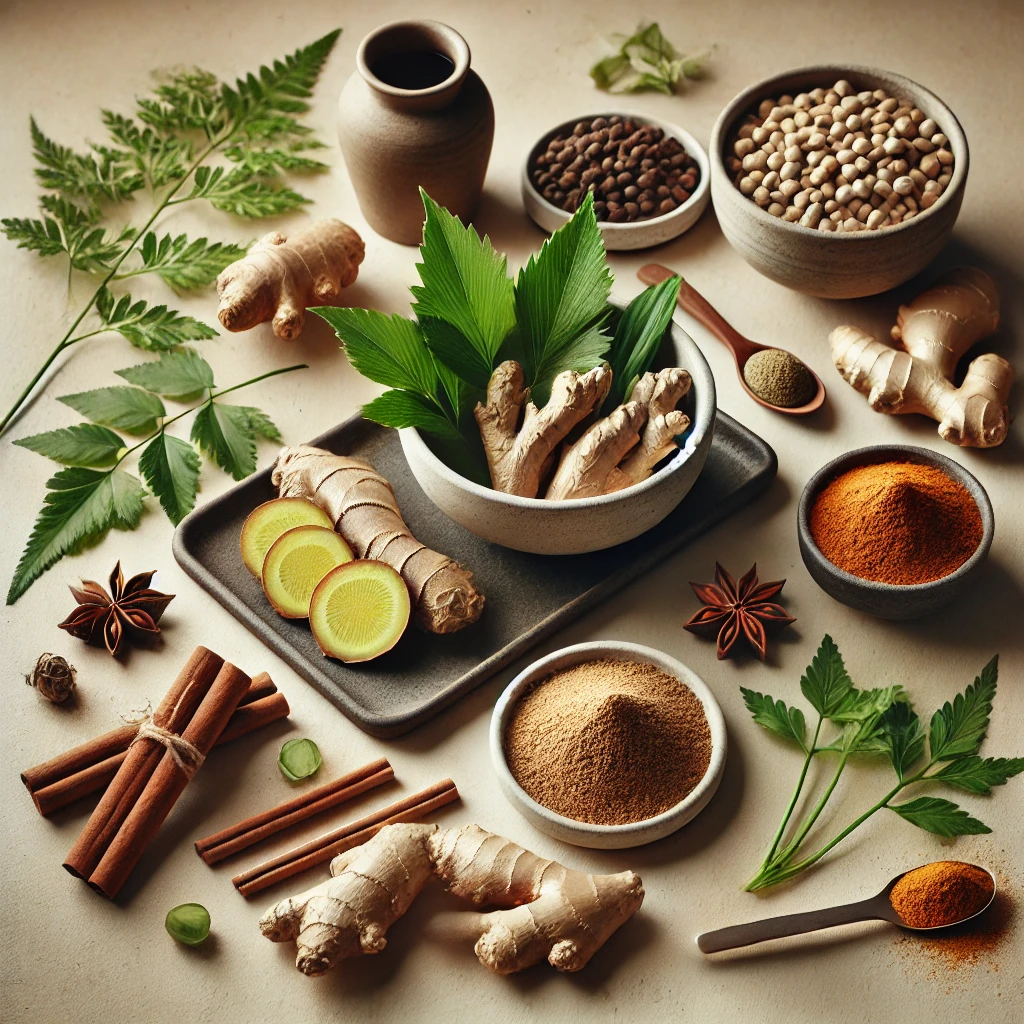 Flatlay of natural GLP-1 alternatives including ginger, berberine root, chicory, cinnamon, and turmeric powder on a wooden background.