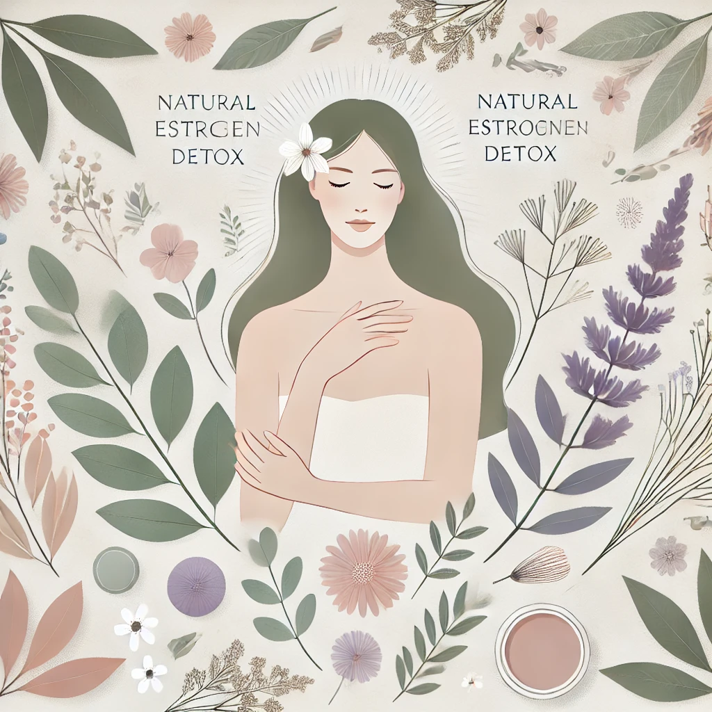 Illustration of a serene woman surrounded by floral elements and the phrase "Natural Estrogen Detox" to represent hormone balance and gentle detox support.