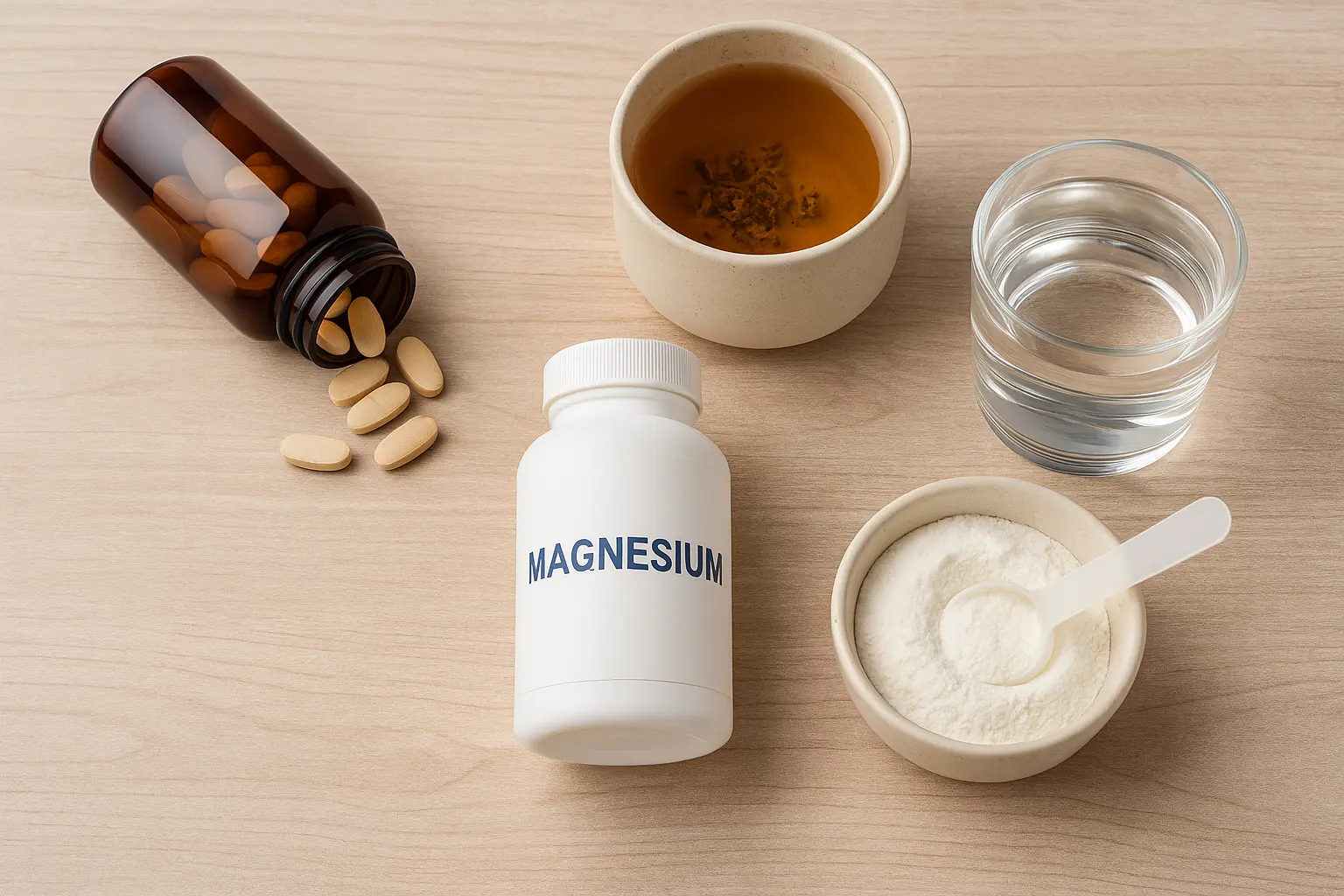 A high-quality image of natural sleep supplements including melatonin, magnesium, valerian root, and L-theanine, arranged on a clean surface with soft lighting.