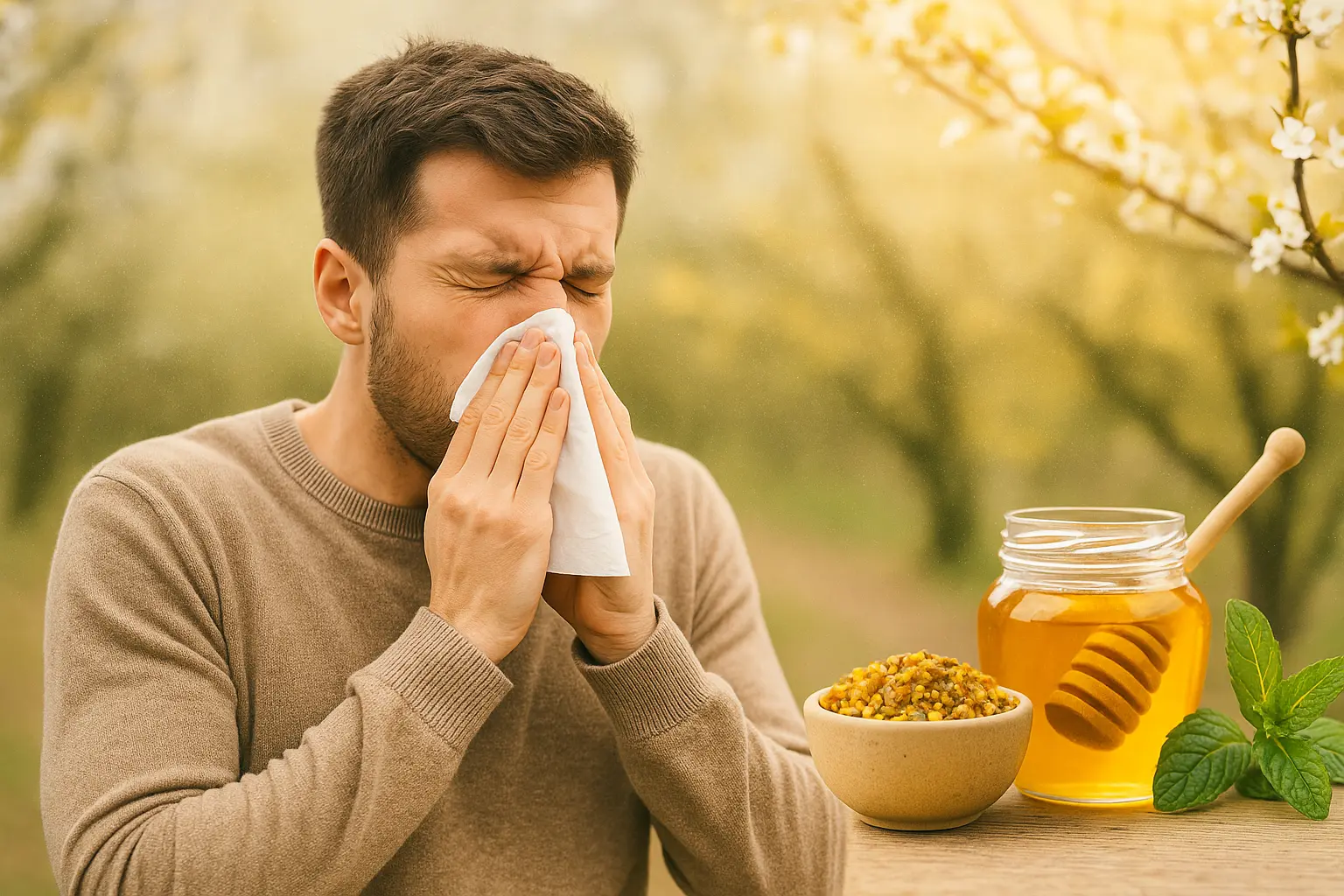 Pollen Allergy 2025 - Man sneezing outdoors during spring pollen season with Pollen Allergy 2025 - Seasonal Allergy Symptoms and Natural Remedies