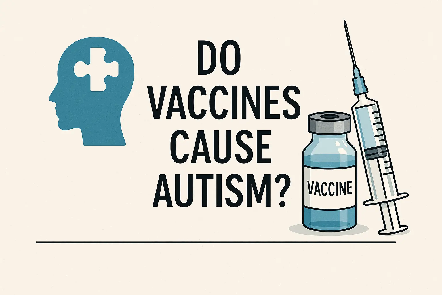 Balanced illustration of a human head with a puzzle piece, vaccine vial, and syringe, with the question "Do Vaccines Cause Autism?" in bold letters. Educational, neutral background.