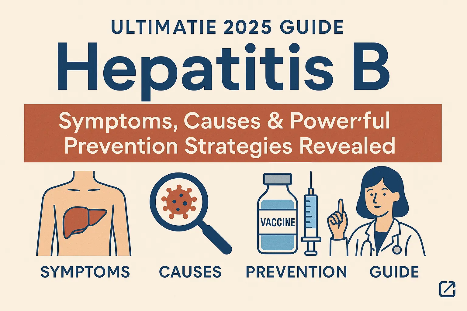 Flat-style infographic for "Ultimate 2025 Guide: Hepatitis B Symptoms, Causes & Powerful Prevention Strategies Revealed". Shows icons for symptoms (liver in torso), causes (virus with magnifier), prevention (vaccine and syringe), and a healthcare provider. Clean colors and bold titles.