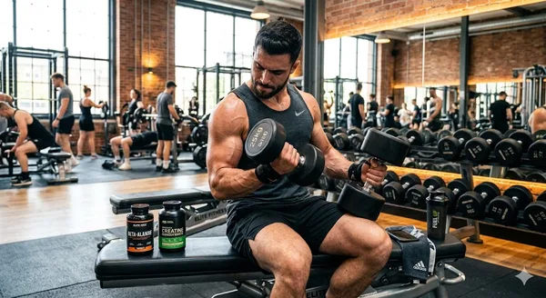 Close-up of creatine and beta alanine supplement powders and capsules with fitness equipment in the background