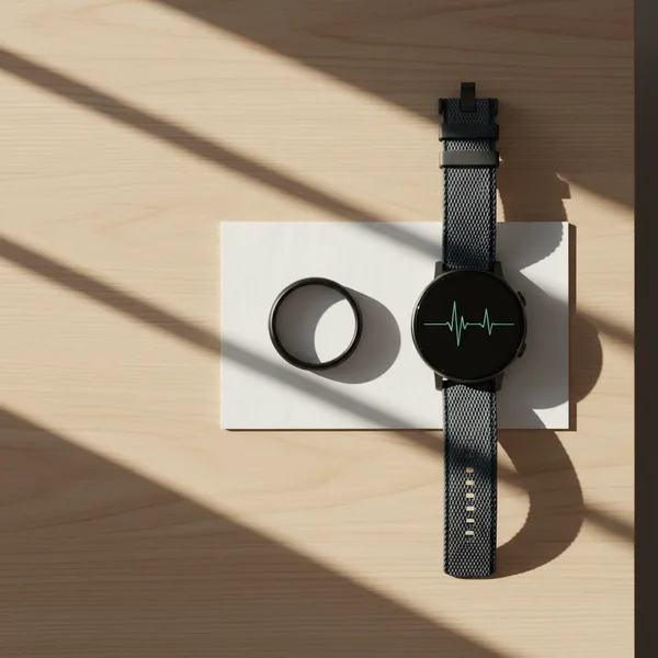 A smart ring and a smartwatch resting on a wooden nightstand in soft morning light