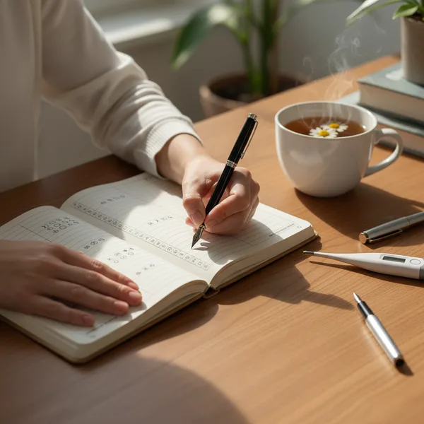A manual cycle tracking journal on a desk used for tracking irregular periods