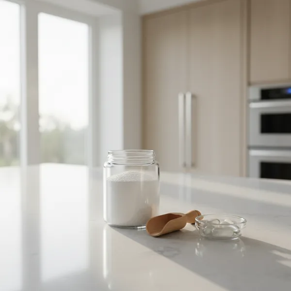 Inositol powder in a scoop next to supplement capsules on a bright kitchen counter