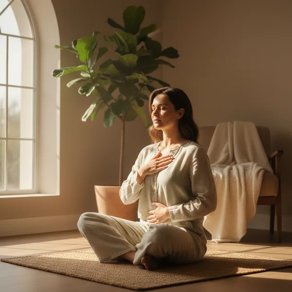 Woman practicing gentle somatic breathing exercises for pelvic floor relaxation in a sunlit room